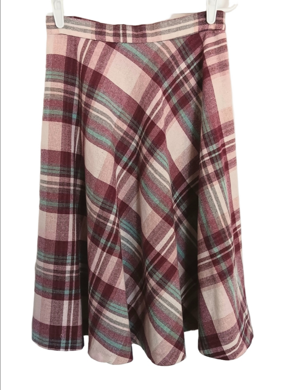 Sears Vintage Maroon & Pink Wool Plaid Midi Skirt A-line Union Made USA Academia - Picture 2 of 10